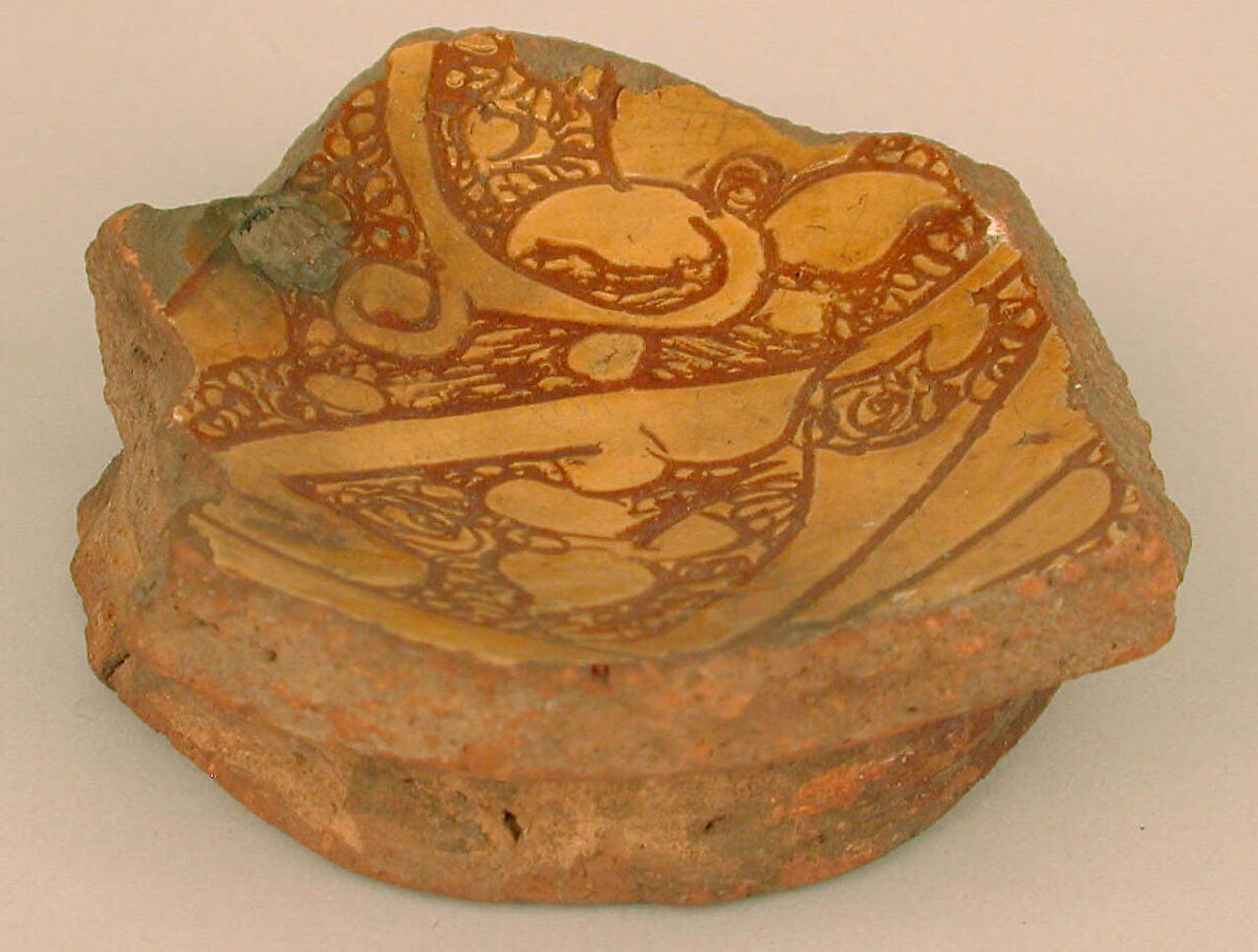 Ceramic Fragment, Earthenware; incised decoration through a white slip and coloring under transparent glaze
