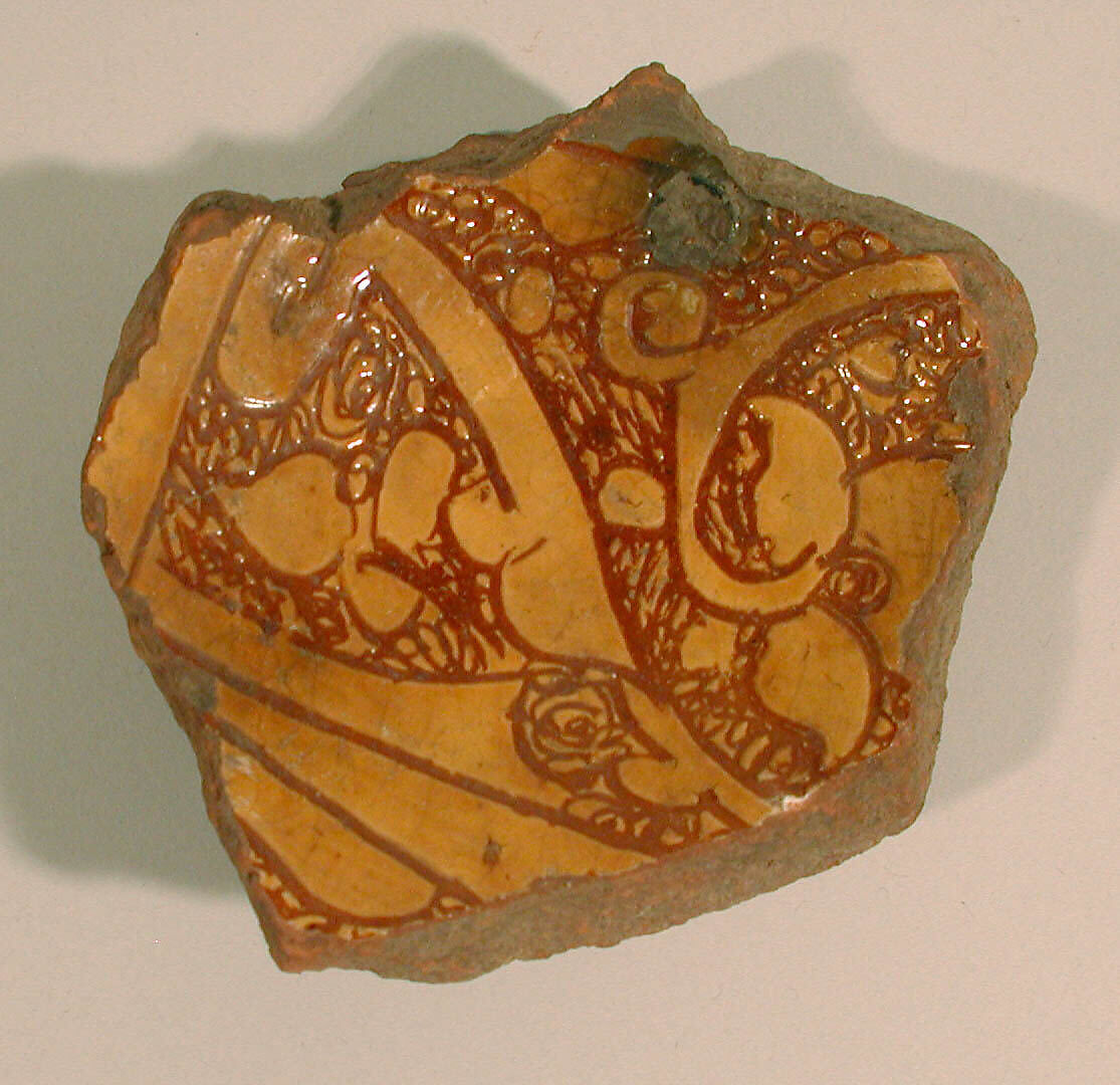 Ceramic Fragment, Earthenware; incised decoration through a white slip and coloring under transparent glaze