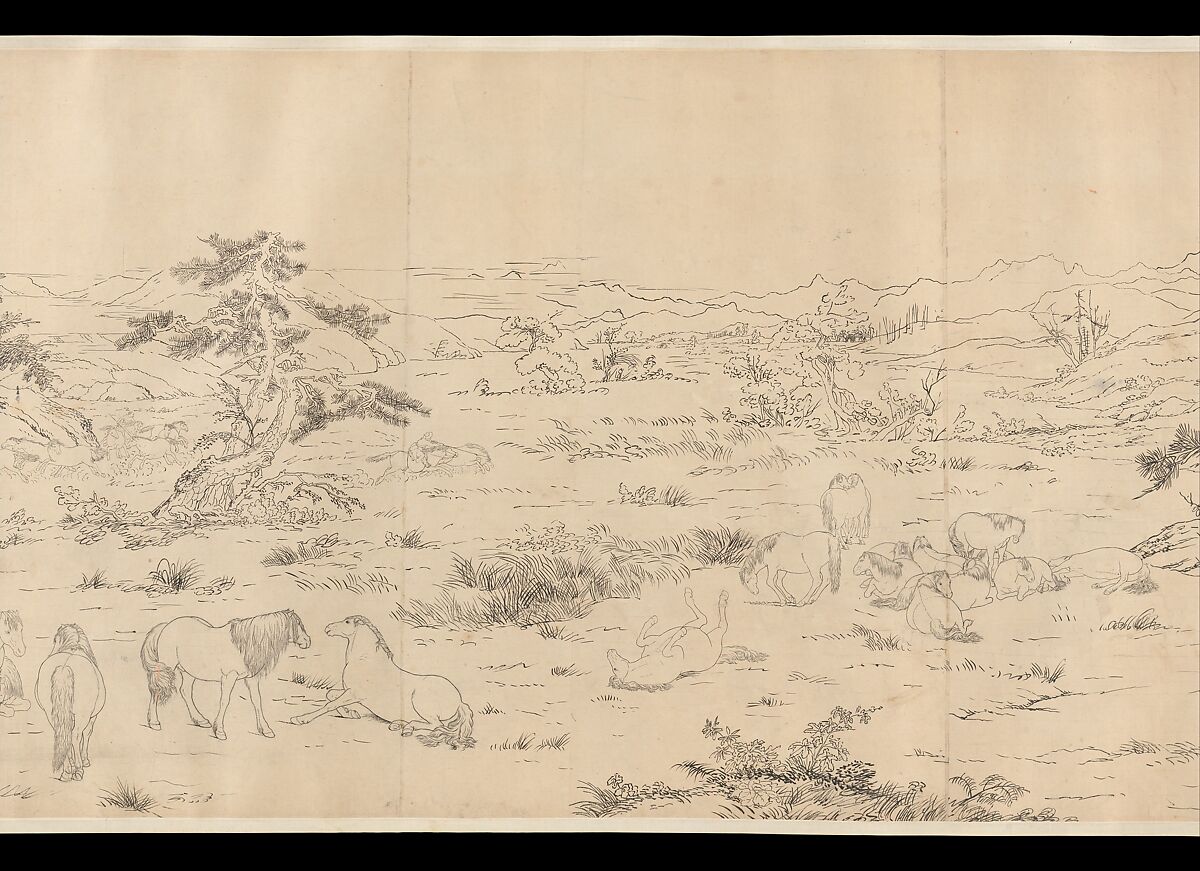 One Hundred Horses, Giuseppe Castiglione (Lang Shining 郎世寧) (Italian, Milan 1688–1766 Beijing), Handscroll; ink on paper, China