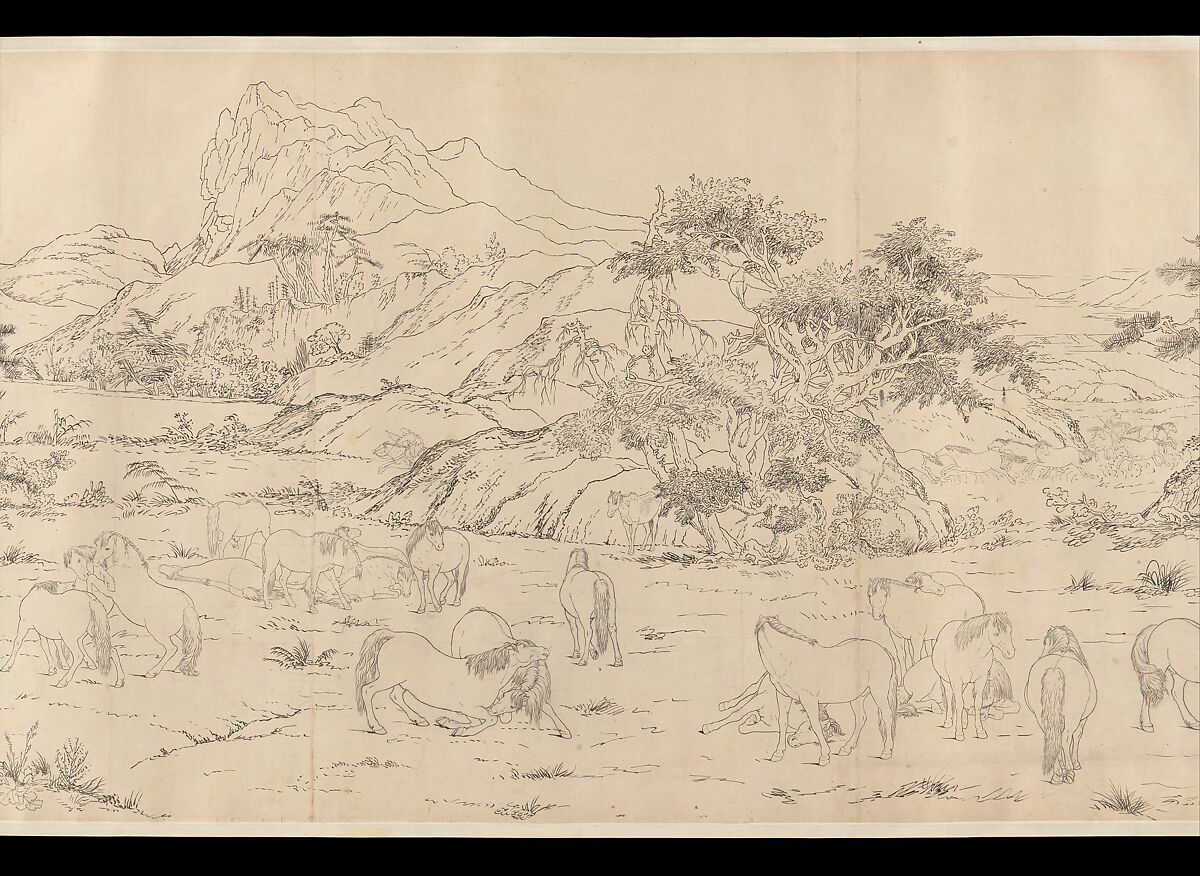 One Hundred Horses, Giuseppe Castiglione (Lang Shining 郎世寧) (Italian, Milan 1688–1766 Beijing), Handscroll; ink on paper, China