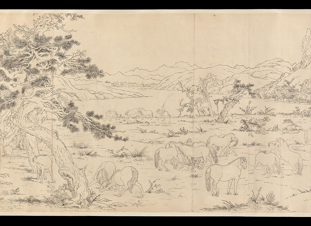 One Hundred Horses, Giuseppe Castiglione (Lang Shining 郎世寧) (Italian, Milan 1688–1766 Beijing), Handscroll; ink on paper, China