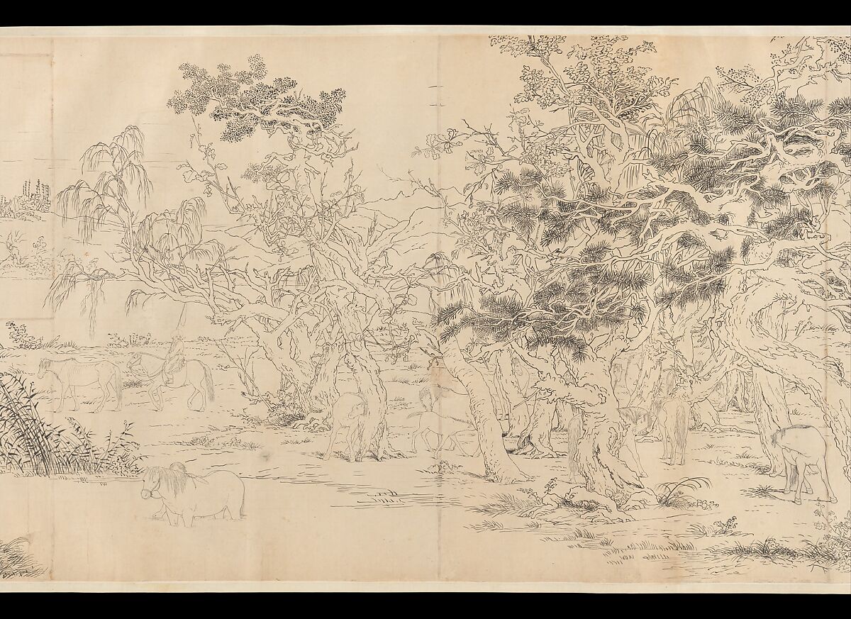 One Hundred Horses, Giuseppe Castiglione (Lang Shining 郎世寧) (Italian, Milan 1688–1766 Beijing), Handscroll; ink on paper, China