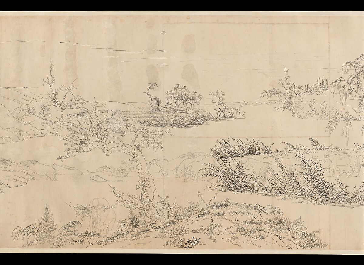 One Hundred Horses, Giuseppe Castiglione (Lang Shining 郎世寧) (Italian, Milan 1688–1766 Beijing), Handscroll; ink on paper, China