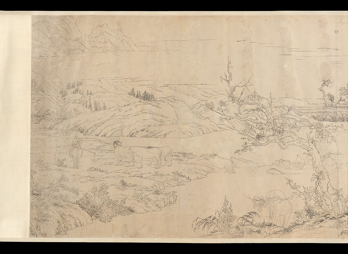 One Hundred Horses, Giuseppe Castiglione (Lang Shining 郎世寧) (Italian, Milan 1688–1766 Beijing), Handscroll; ink on paper, China