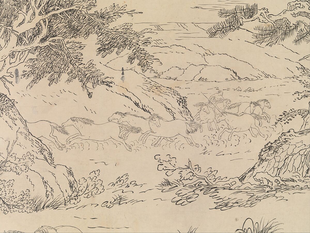One Hundred Horses, Giuseppe Castiglione (Lang Shining 郎世寧) (Italian, Milan 1688–1766 Beijing), Handscroll; ink on paper, China