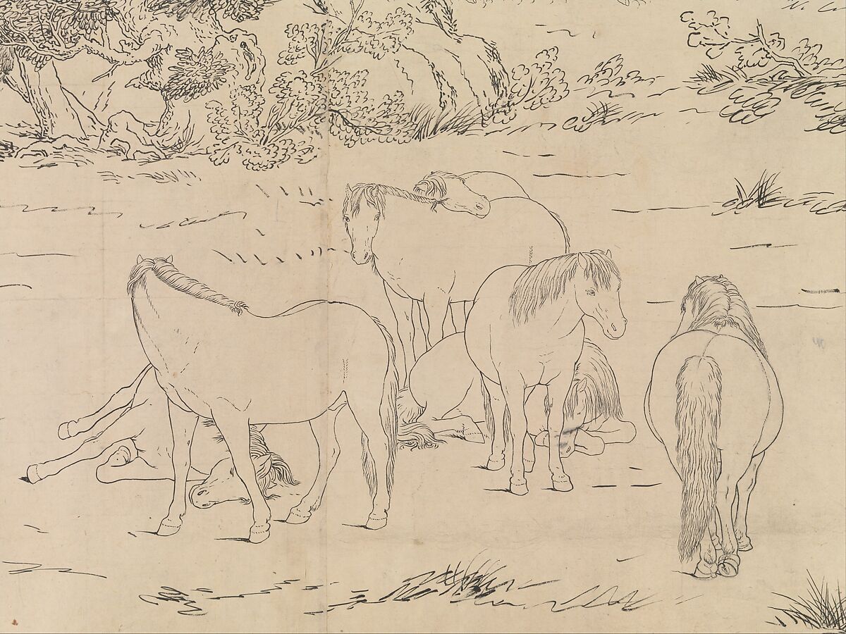 One Hundred Horses, Giuseppe Castiglione (Lang Shining 郎世寧) (Italian, Milan 1688–1766 Beijing), Handscroll; ink on paper, China