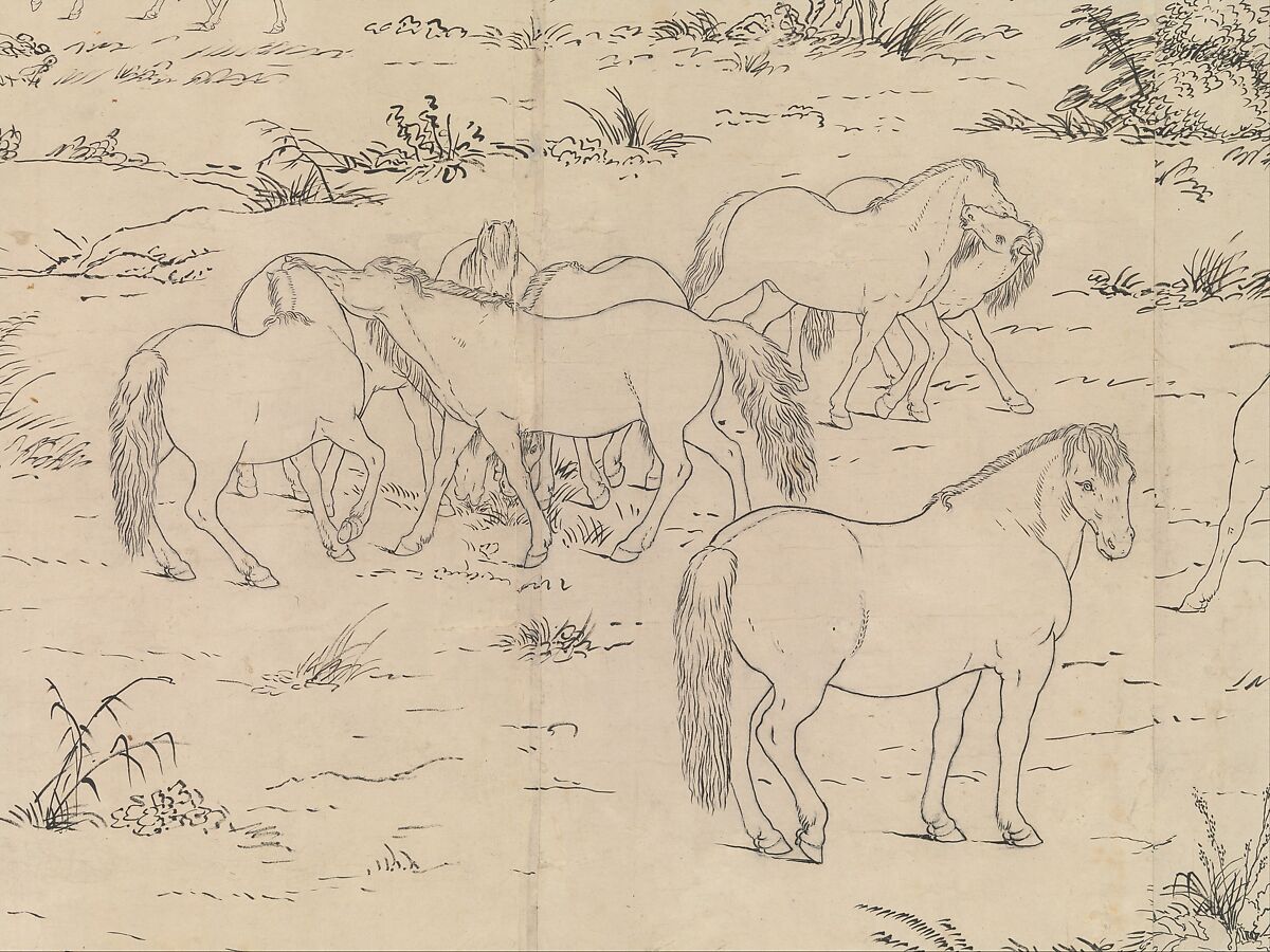 One Hundred Horses, Giuseppe Castiglione (Lang Shining 郎世寧) (Italian, Milan 1688–1766 Beijing), Handscroll; ink on paper, China