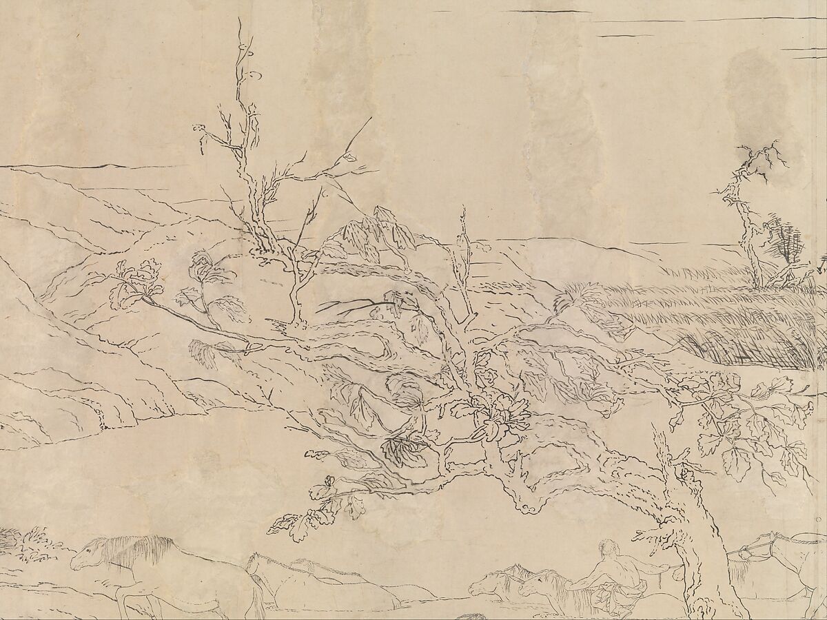 One Hundred Horses, Giuseppe Castiglione (Lang Shining 郎世寧) (Italian, Milan 1688–1766 Beijing), Handscroll; ink on paper, China