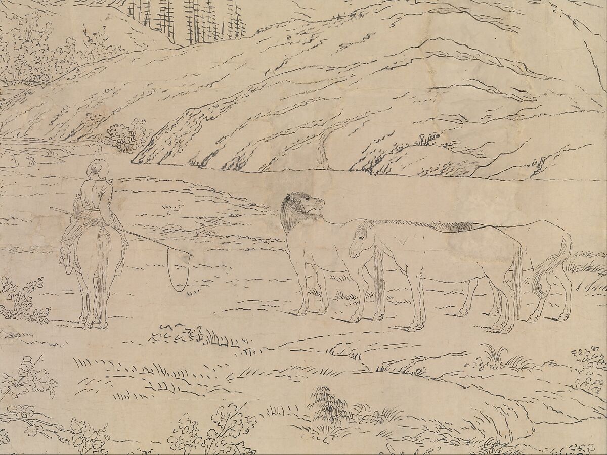One Hundred Horses, Giuseppe Castiglione (Lang Shining 郎世寧) (Italian, Milan 1688–1766 Beijing), Handscroll; ink on paper, China