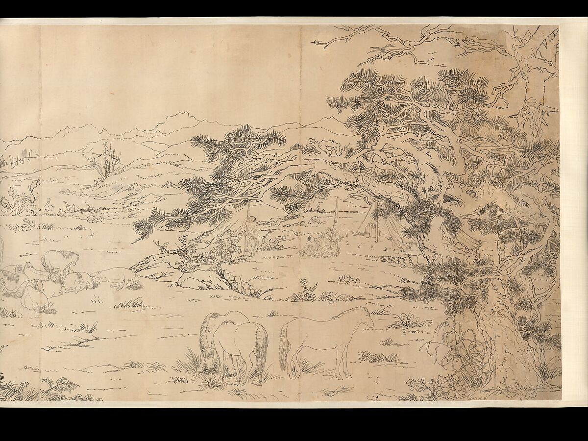 One Hundred Horses, Giuseppe Castiglione (Lang Shining 郎世寧) (Italian, Milan 1688–1766 Beijing), Handscroll; ink on paper, China