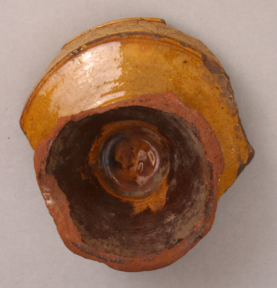 Fragment of a Bowl, Earthenware; incised decoration through white slip and coloring under transparent glaze