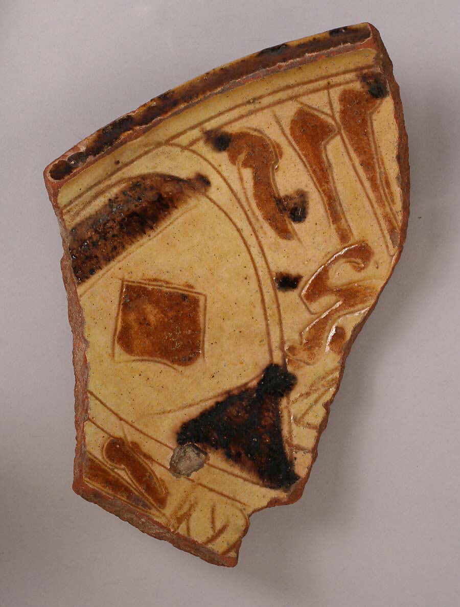 Ceramic Fragment, Earthenware; incised decoration through white slip and coloring under transparent glaze 