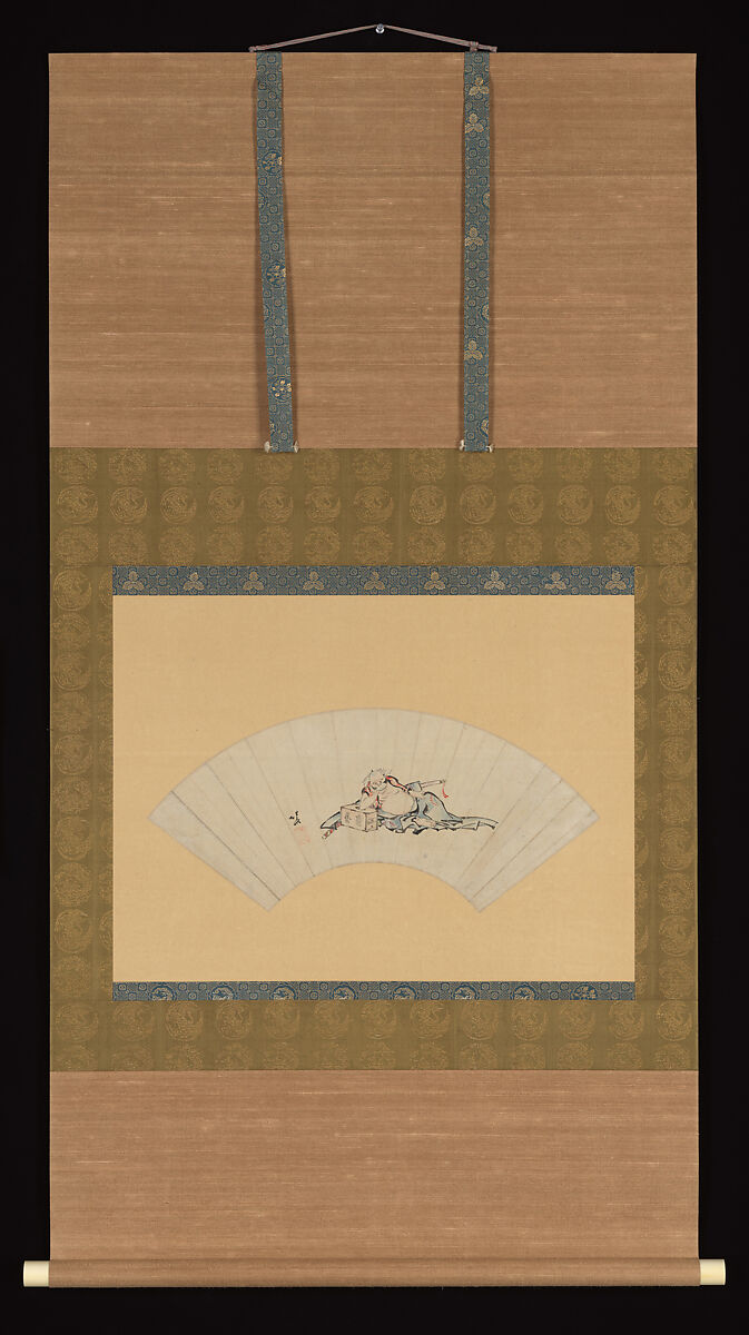 Drunken Asaina, Katsushika Hokusai (Japanese, Tokyo (Edo) 1760–1849 Tokyo (Edo)), Fan mounted as hanging scroll; ink and color on paper, Japan