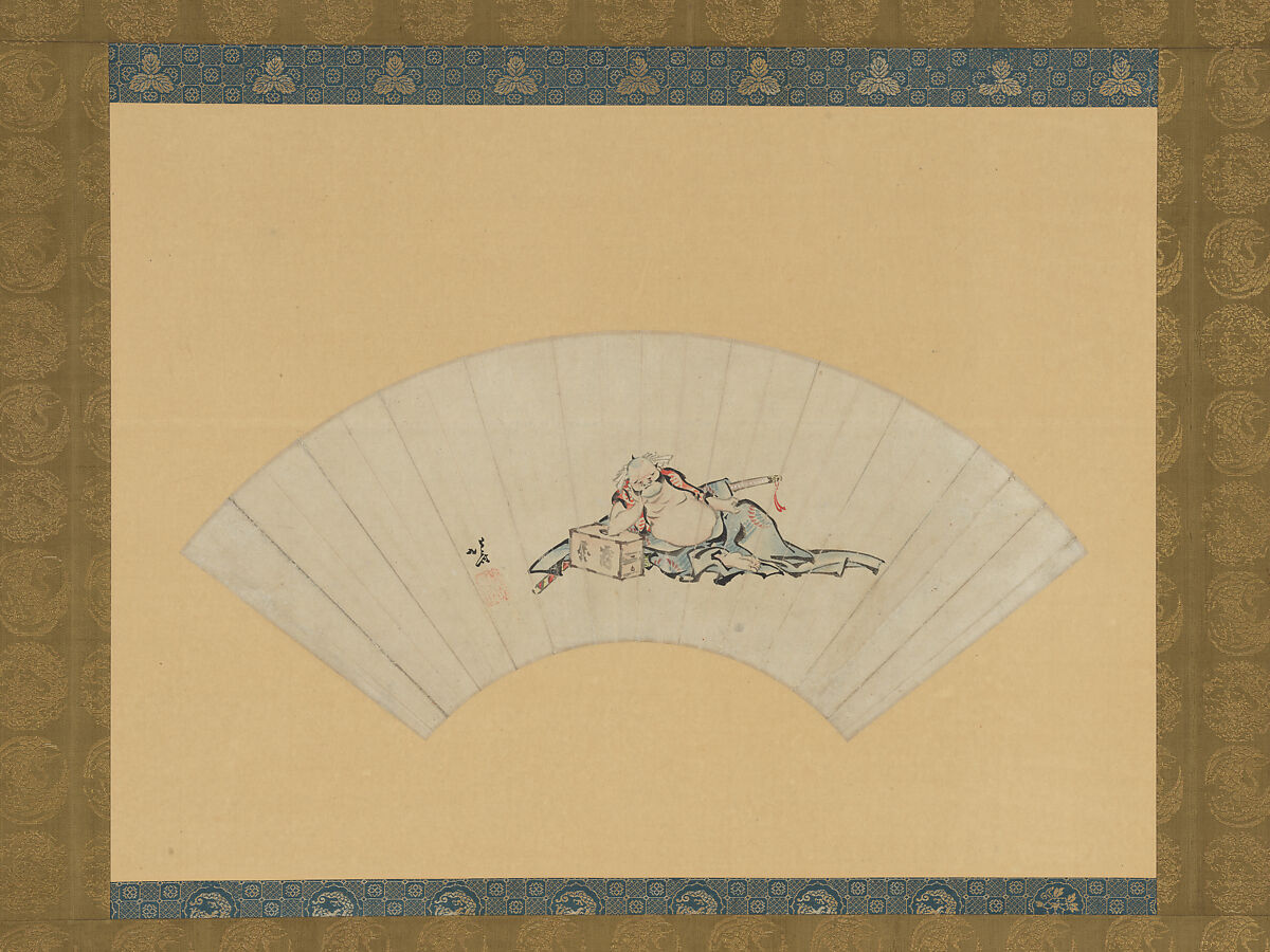 Drunken Asaina, Katsushika Hokusai (Japanese, Tokyo (Edo) 1760–1849 Tokyo (Edo)), Fan mounted as hanging scroll; ink and color on paper, Japan 
