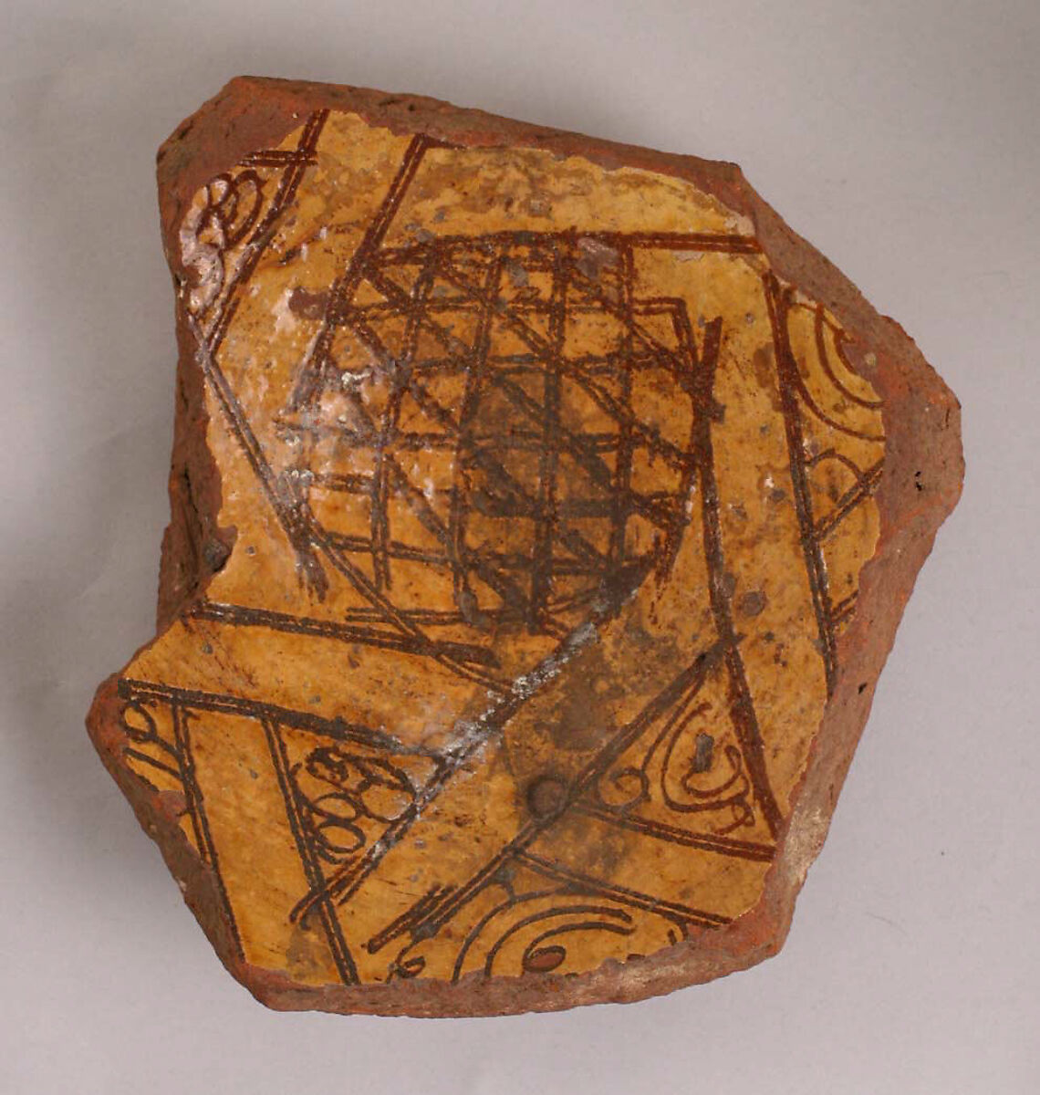Fragment, Earthenware; incised and slip-painted under transparent glaze 