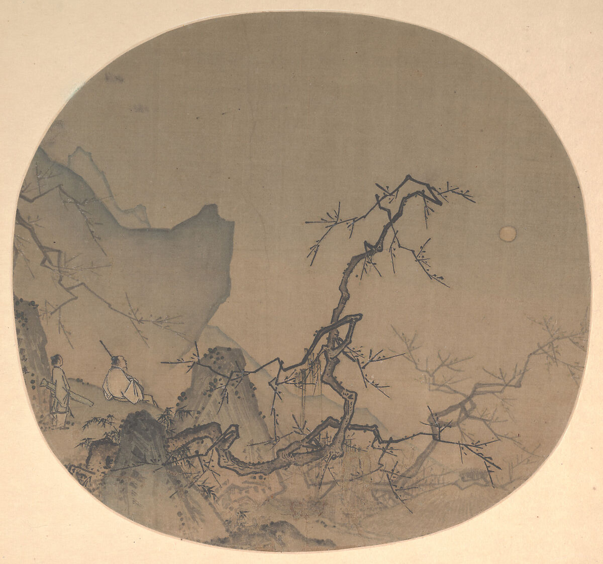 Viewing plum blossoms by moonlight, Ma Yuan (Chinese, active ca. 1190–1225), Fan mounted as an album leaf; ink and color on silk, China 