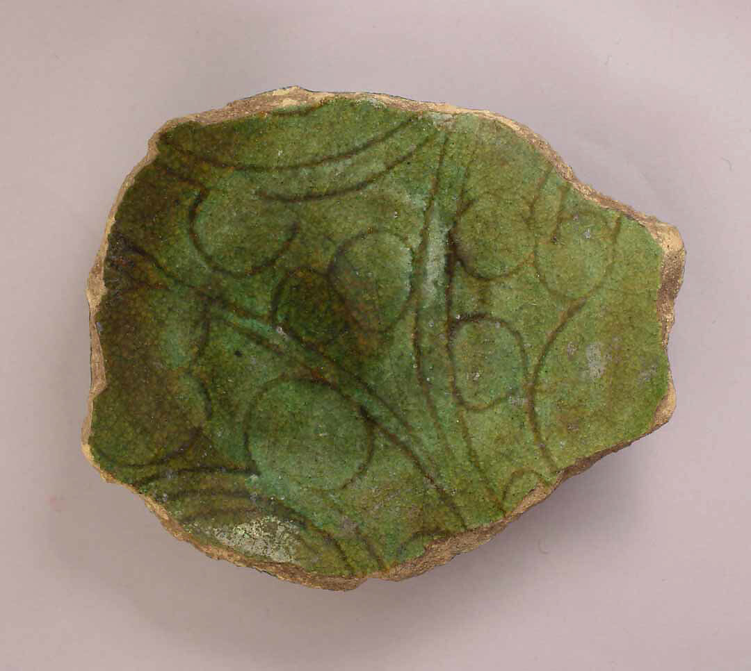 Fragment, Earthenware; incised decoration under green glaze 