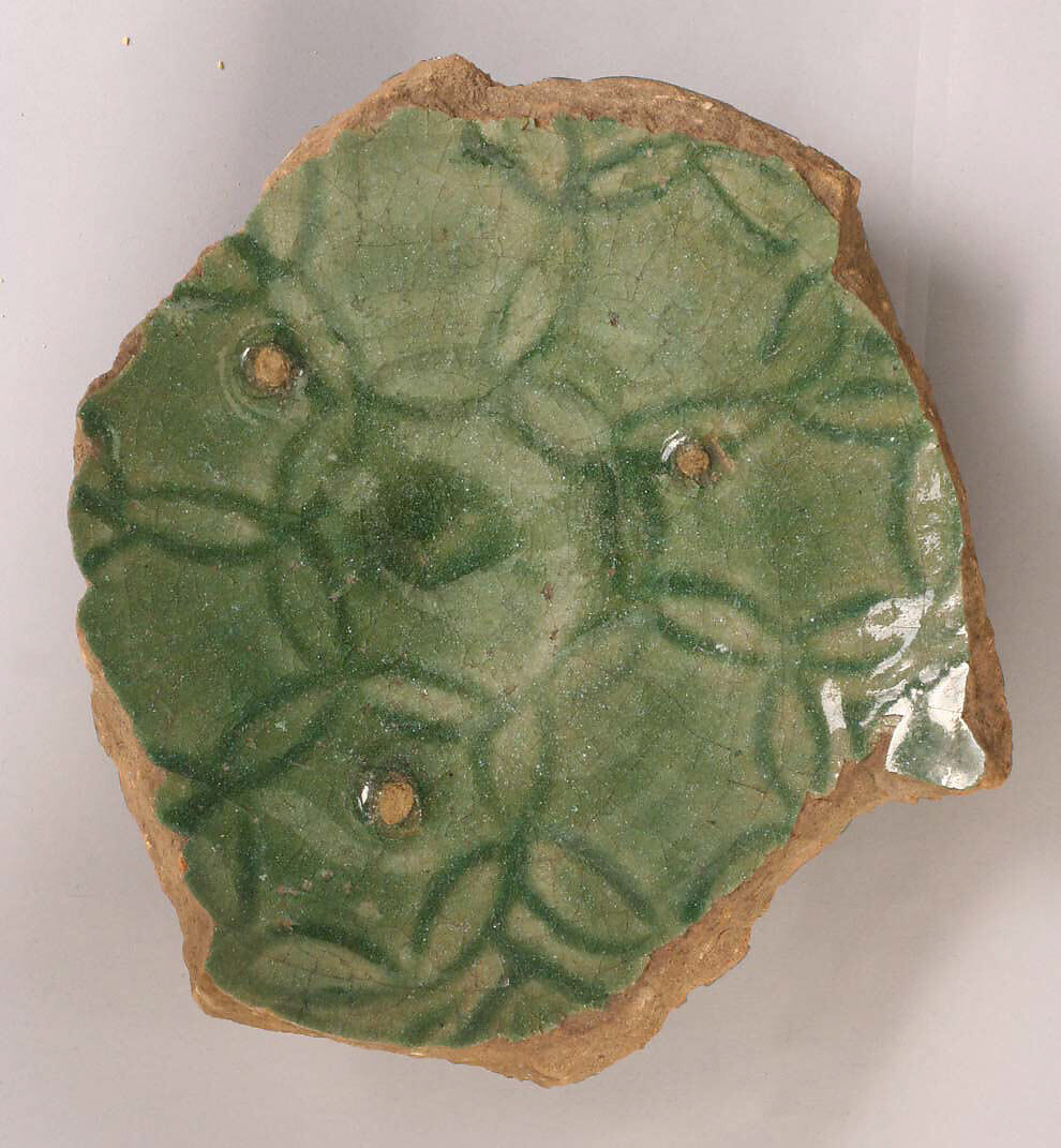 Fragment of a Dish, Earthenware; incised decoration under green glaze 