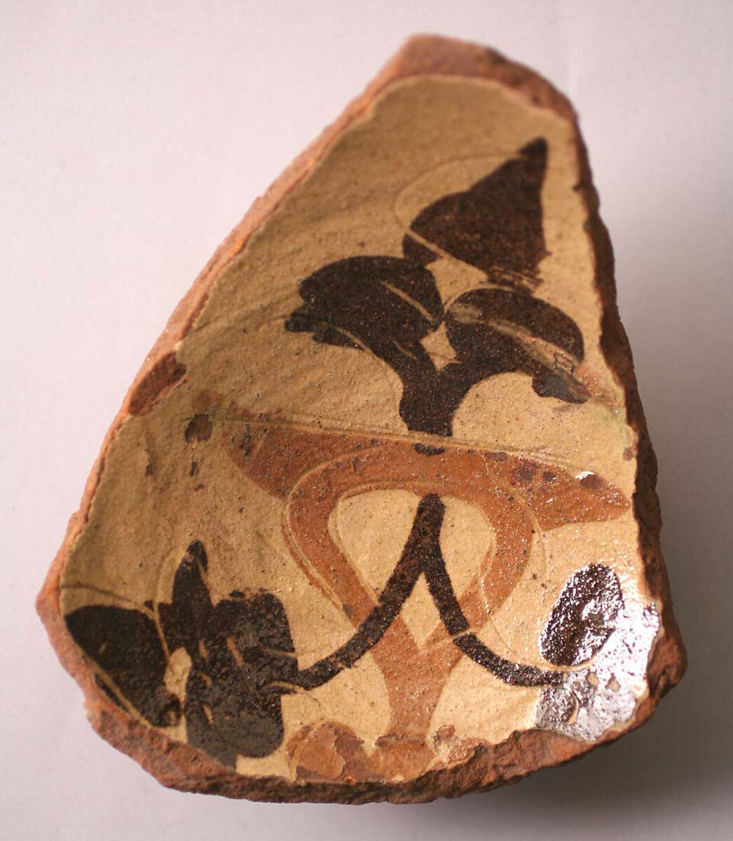 Ceramic Fragment, Earthenware; incised and slip-painted under transparent glaze 