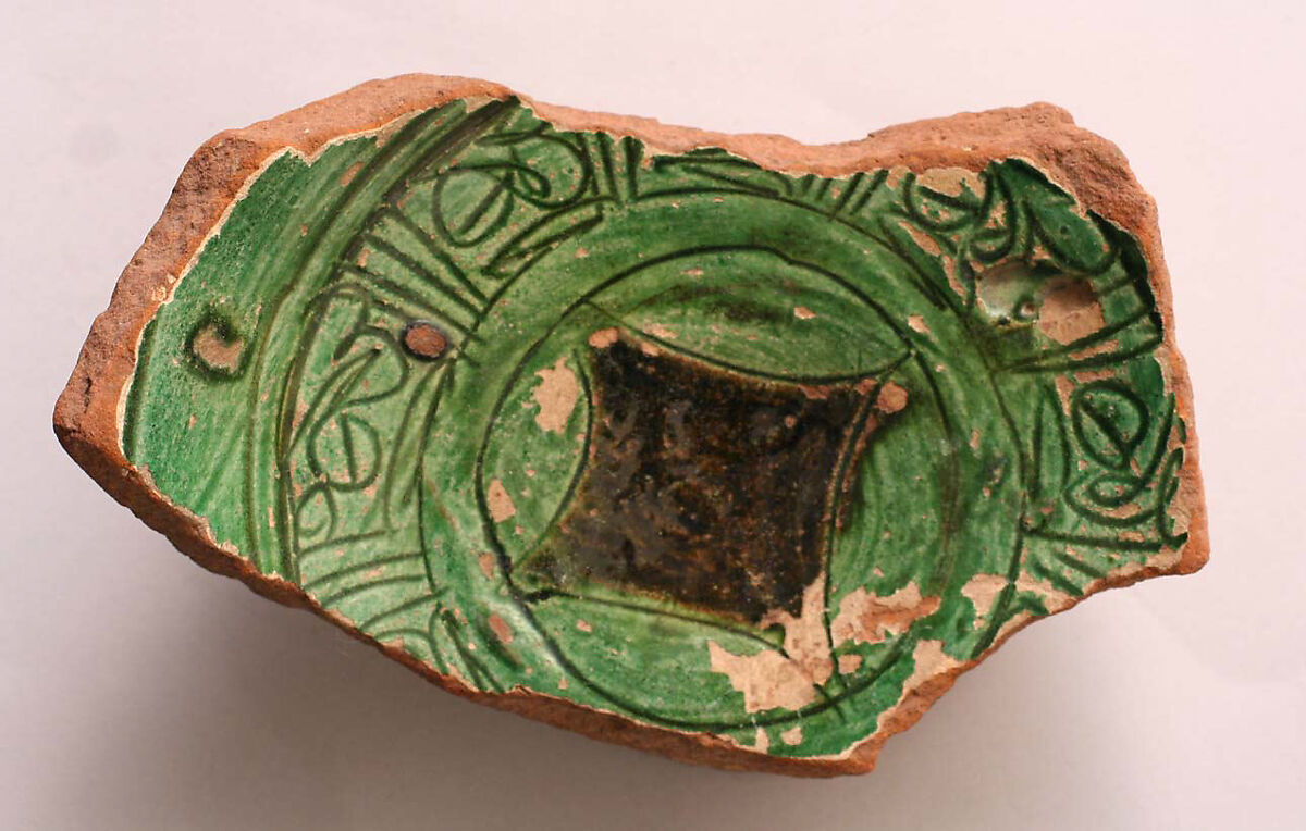 Fragment of a Bowl, Earthenware; incised decoration through white slip and coloring under transparent glaze