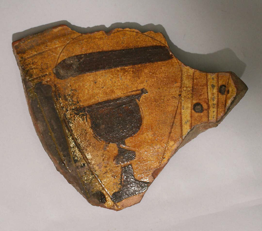 Ceramic Fragment, Earthenware; incised decoration through white slip and coloring under transparent glaze