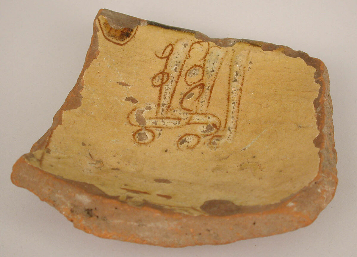 Ceramic Fragment, Earthenware; incised decoration through white slip and coloring under transparent glaze