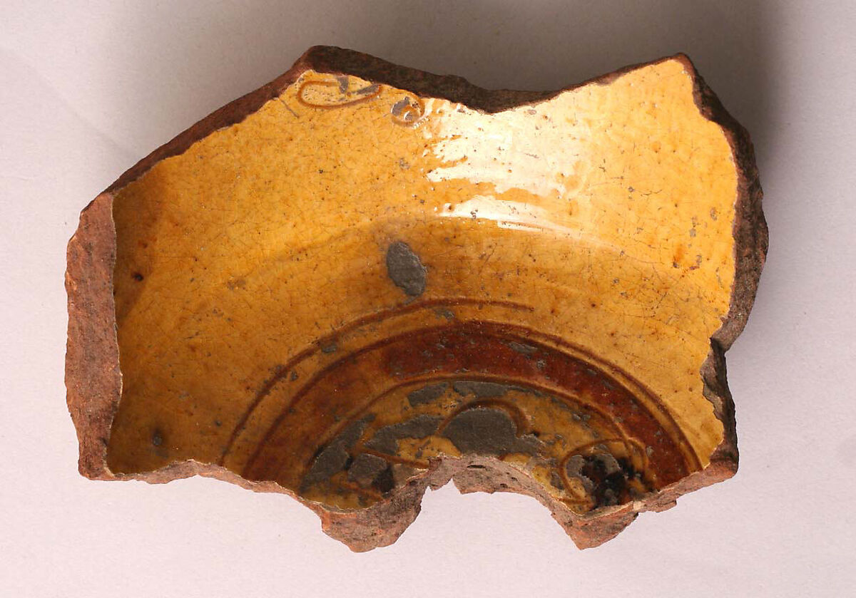 Ceramic Fragment, Earthenware; incised decoration through white slip and coloring under transparent glaze 