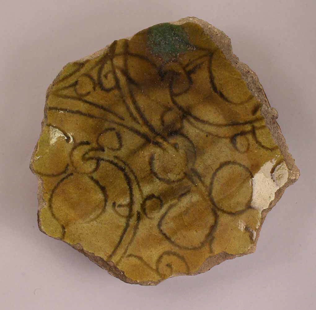 Fragment of a Bowl, Earthenware; incised decoration under olive green glaze 