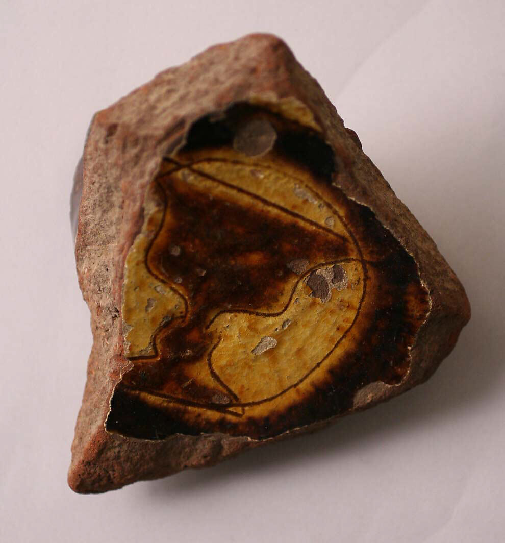 Ceramic Fragment, Earthenware; incised decoration through white slip and coloring under transparent glaze 