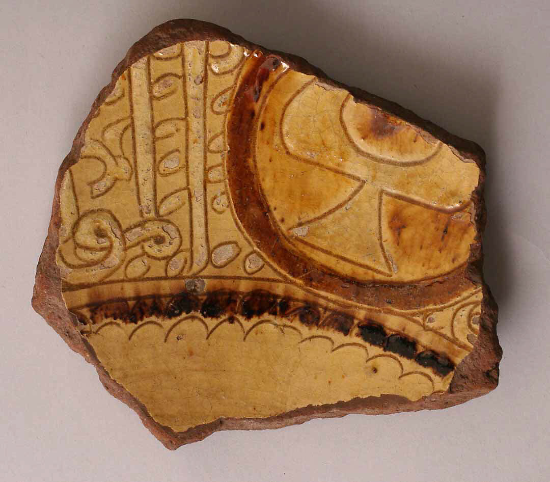 Ceramic Fragment, Earthenware; incised decoration through white slip and coloring under transparent glaze 