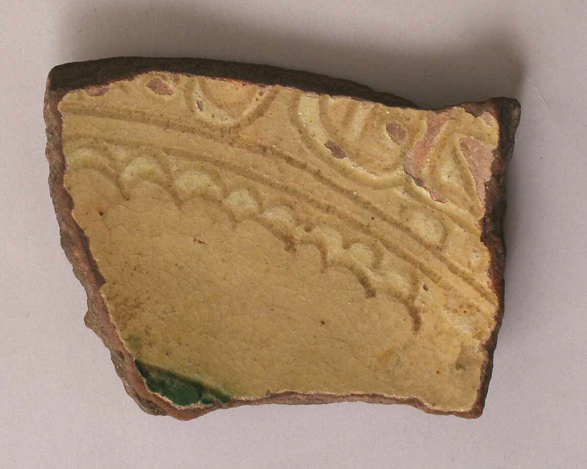 Ceramic Fragment, Earthenware; incised decoration through white slip and coloring under transparent glaze 