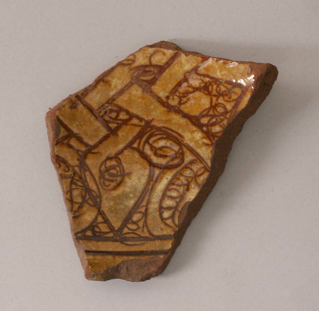 Ceramic Fragment, Earthenware; incised decoration through white slip and coloring under transparent glaze 