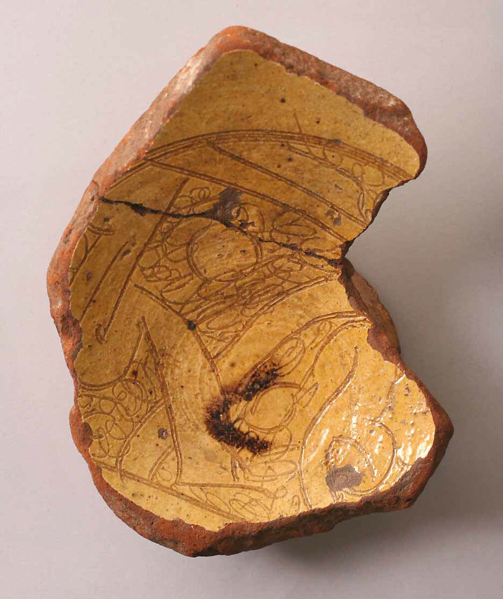 Ceramic Fragment, Earthenware; incised decoration through white slip and coloring under transparent glaze 