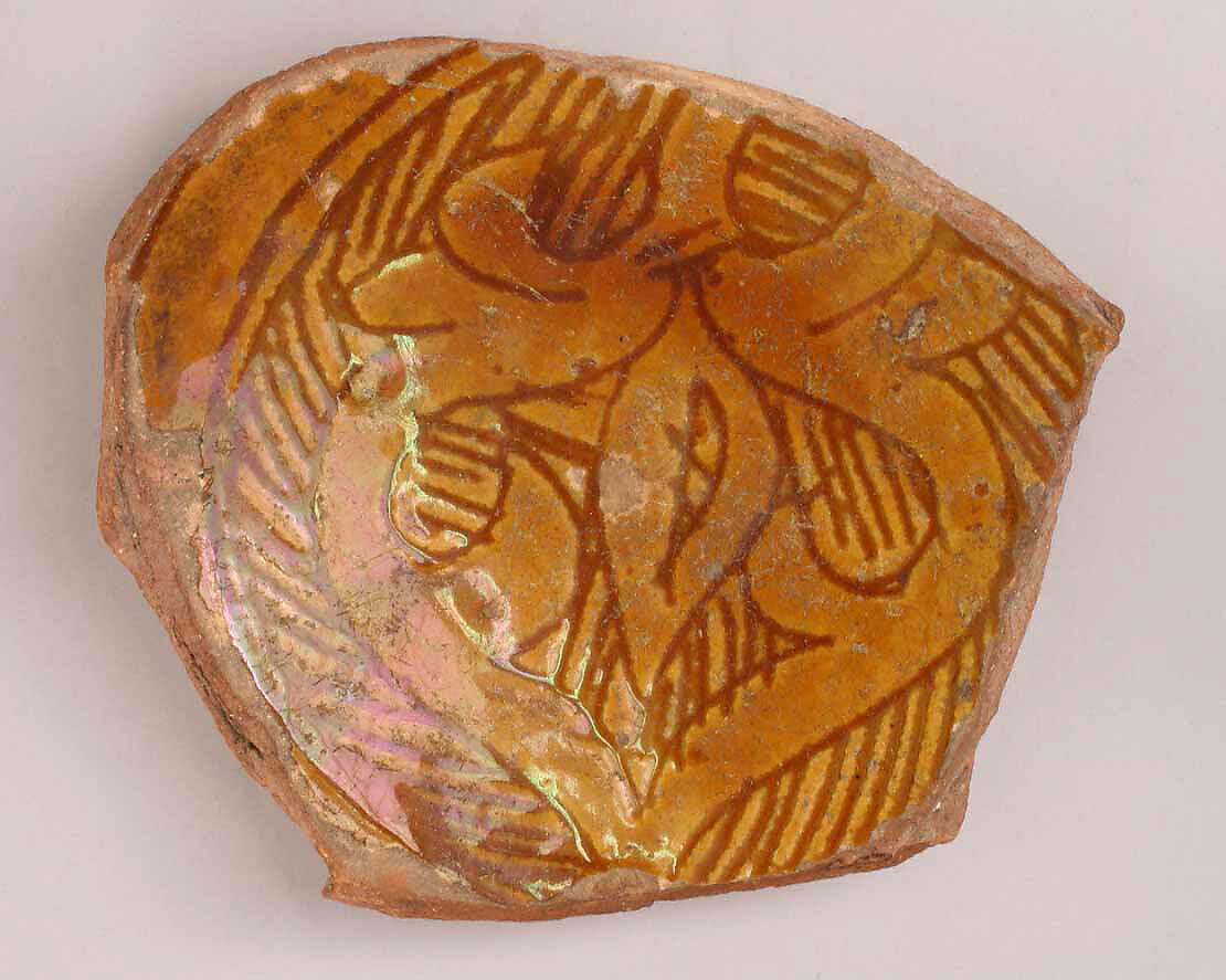 Fragment of a Bowl, Earthenware; incised decoration through white slip and coloring under transparent glaze 