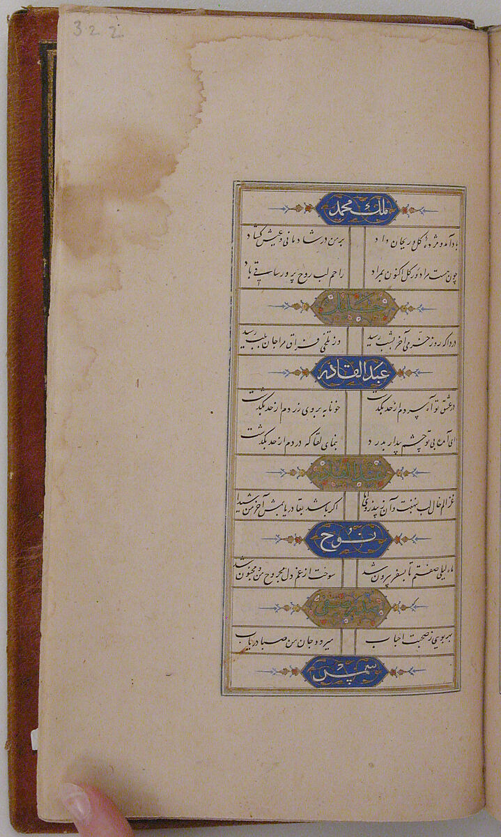 Divan (Collected Works) of Jami, Maulana Nur al-Din `Abd al-Rahman Jami (Iranian, Jam 1414–92 Herat), Ink, opaque watercolor, and gold on paper; leather binding