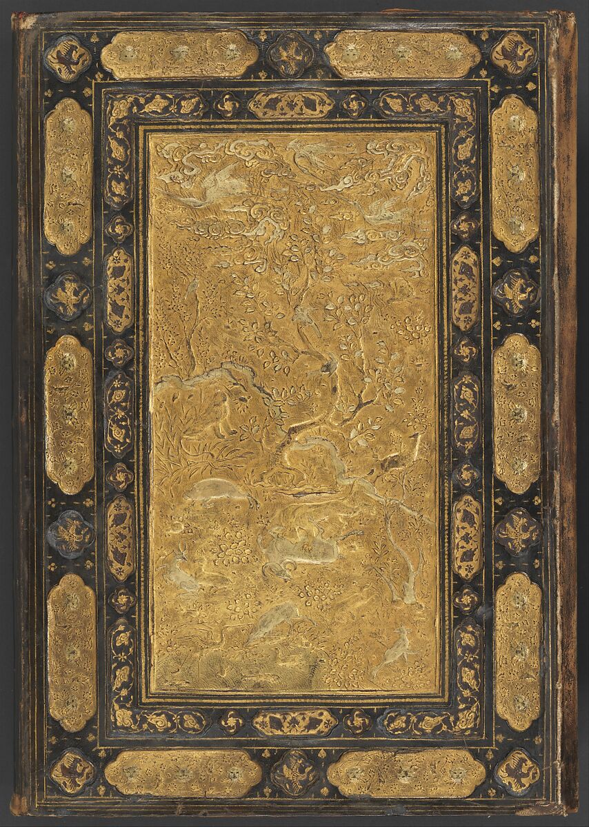 Shahnama (Book of Kings) of Firdausi, Abu'l Qasim Firdausi (Iranian, Paj ca. 940/41–1020 Tus), Leather; tooled and gilded; ink on paper
