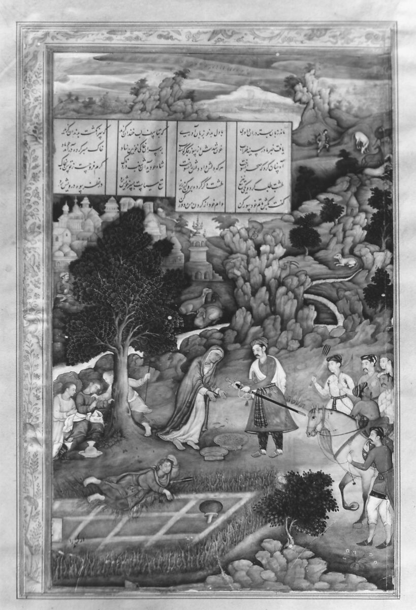 "A King Offers to Make Amends to a Bereaved Mother", Folio from a Khamsa (Quintet) of Amir Khusrau Dihlavi, Amir Khusrau Dihlavi (Indian, Patiyali, 1253–1325 Delhi), Main support: Ink, opaque watercolor, gold on paper
Margins: Gold on dyed paper