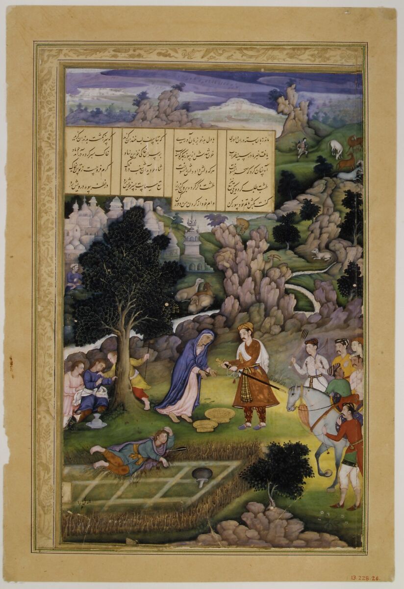 "A King Offers to Make Amends to a Bereaved Mother", Folio from a Khamsa (Quintet) of Amir Khusrau Dihlavi, Amir Khusrau Dihlavi (Indian, Patiyali, 1253–1325 Delhi), Main support: Ink, opaque watercolor, gold on paper
Margins: Gold on dyed paper