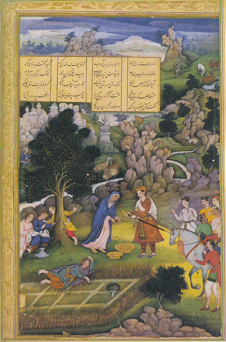"A King Offers to Make Amends to a Bereaved Mother", Folio from a Khamsa (Quintet) of Amir Khusrau Dihlavi, Amir Khusrau Dihlavi (Indian, Patiyali, 1253–1325 Delhi), Main support: Ink, opaque watercolor, gold on paper
Margins: Gold on dyed paper