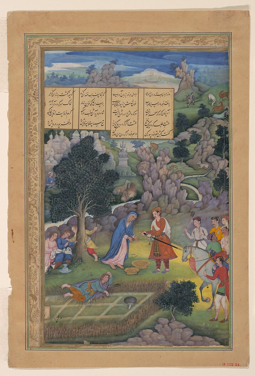 "A King Offers to Make Amends to a Bereaved Mother", Folio from a Khamsa (Quintet) of Amir Khusrau Dihlavi, Amir Khusrau Dihlavi (Indian, Patiyali, 1253–1325 Delhi), Main support: Ink, opaque watercolor, gold on paper
Margins: Gold on dyed paper 