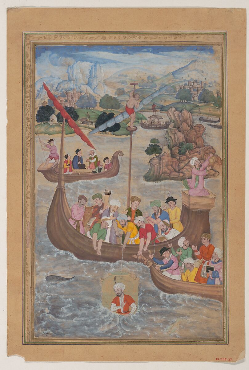 "Alexander is Lowered into the Sea", Folio from a Khamsa (Quintet) of Amir Khusrau Dihlavi, Amir Khusrau Dihlavi (Indian, Patiyali, 1253–1325 Delhi), Main support: Ink, watercolor, gold on paper
Margins: Gold on dyed paper 