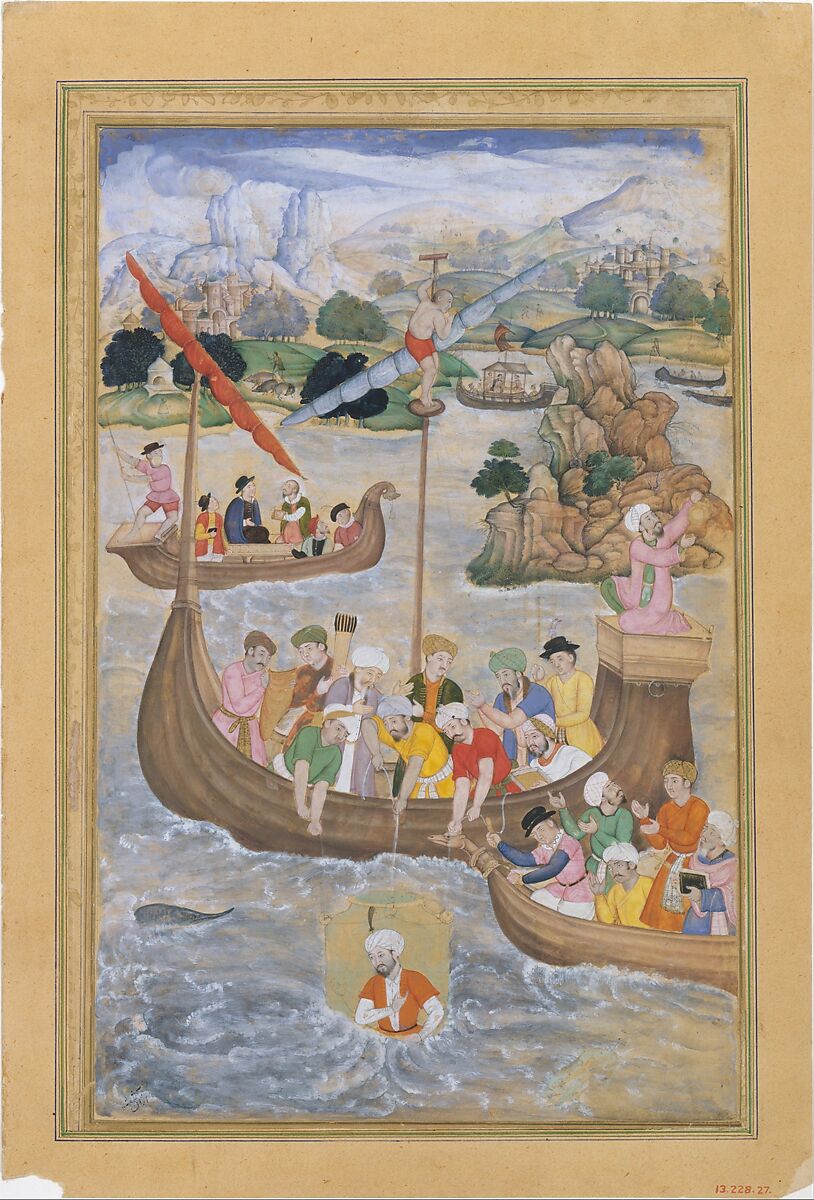 "Alexander is Lowered into the Sea", Folio from a Khamsa (Quintet) of Amir Khusrau Dihlavi, Amir Khusrau Dihlavi (Indian, Patiyali, 1253–1325 Delhi), Main support: Ink, watercolor, gold on paper
Margins: Gold on dyed paper