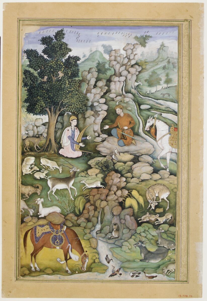 "Bahram Gur Sees a Herd of Deer Mesmerized by Dilaram' s Music", Folio from a Khamsa (Quintet) of Amir Khusrau Dihlavi, Amir Khusrau Dihlavi (Indian, Patiyali, 1253–1325 Delhi), Main support: ink, opaque watercolor, and gold on paperMargins: gold on dyed paper