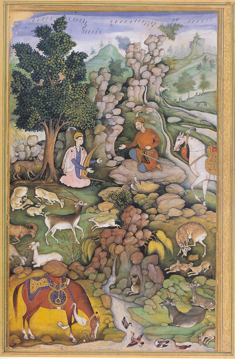 "Bahram Gur Sees a Herd of Deer Mesmerized by Dilaram' s Music", Folio from a Khamsa (Quintet) of Amir Khusrau Dihlavi, Amir Khusrau Dihlavi (Indian, Patiyali, 1253–1325 Delhi), Main support: ink, opaque watercolor, and gold on paperMargins: gold on dyed paper