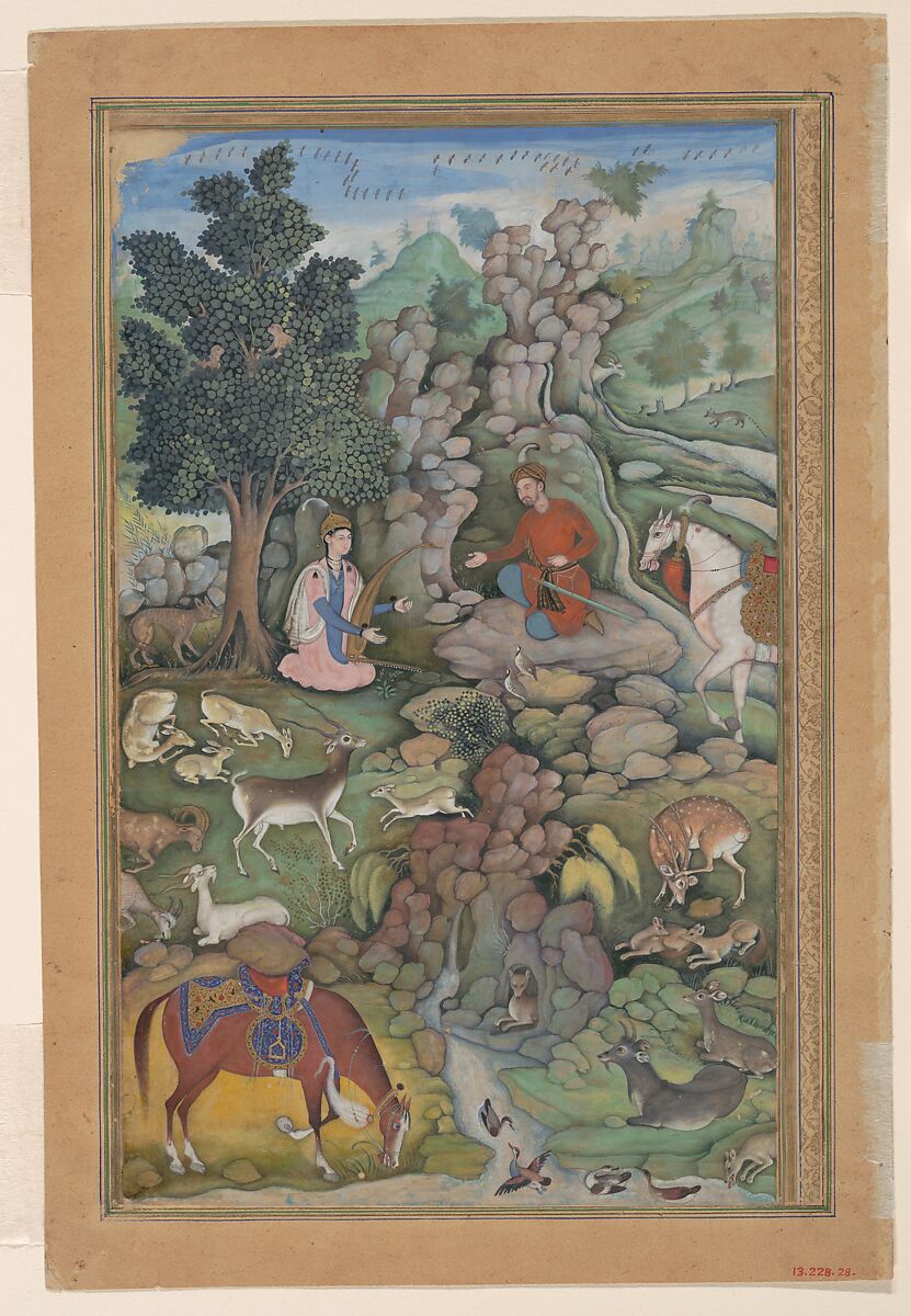 "Bahram Gur Sees a Herd of Deer Mesmerized by Dilaram' s Music", Folio from a Khamsa (Quintet) of Amir Khusrau Dihlavi, Amir Khusrau Dihlavi  Indian, Main support: ink, opaque watercolor, and gold on paper<br/>Margins: gold on dyed paper