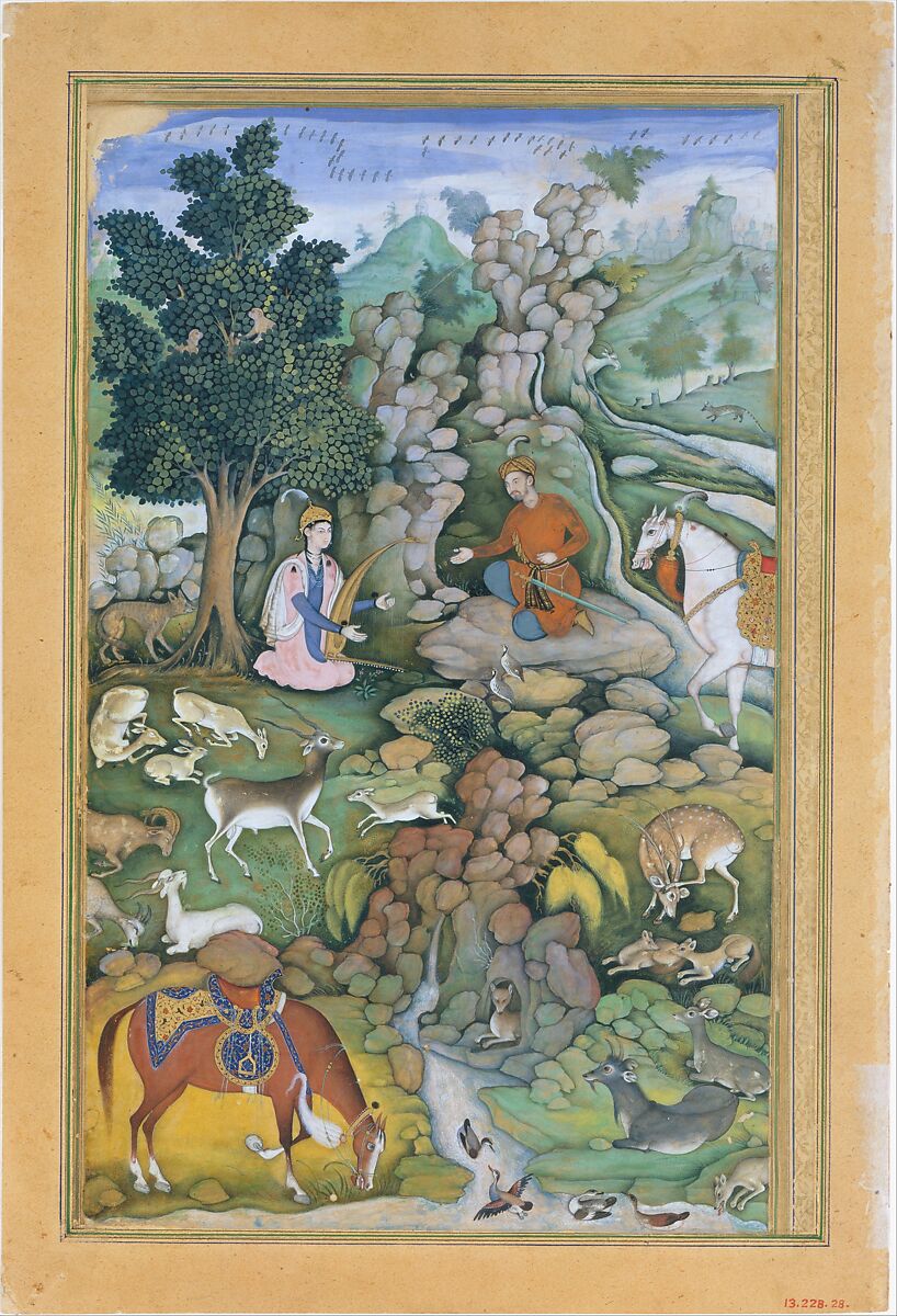 "Bahram Gur Sees a Herd of Deer Mesmerized by Dilaram' s Music", Folio from a Khamsa (Quintet) of Amir Khusrau Dihlavi, Amir Khusrau Dihlavi (Indian, Patiyali, 1253–1325 Delhi), Main support: ink, opaque watercolor, and gold on paperMargins: gold on dyed paper