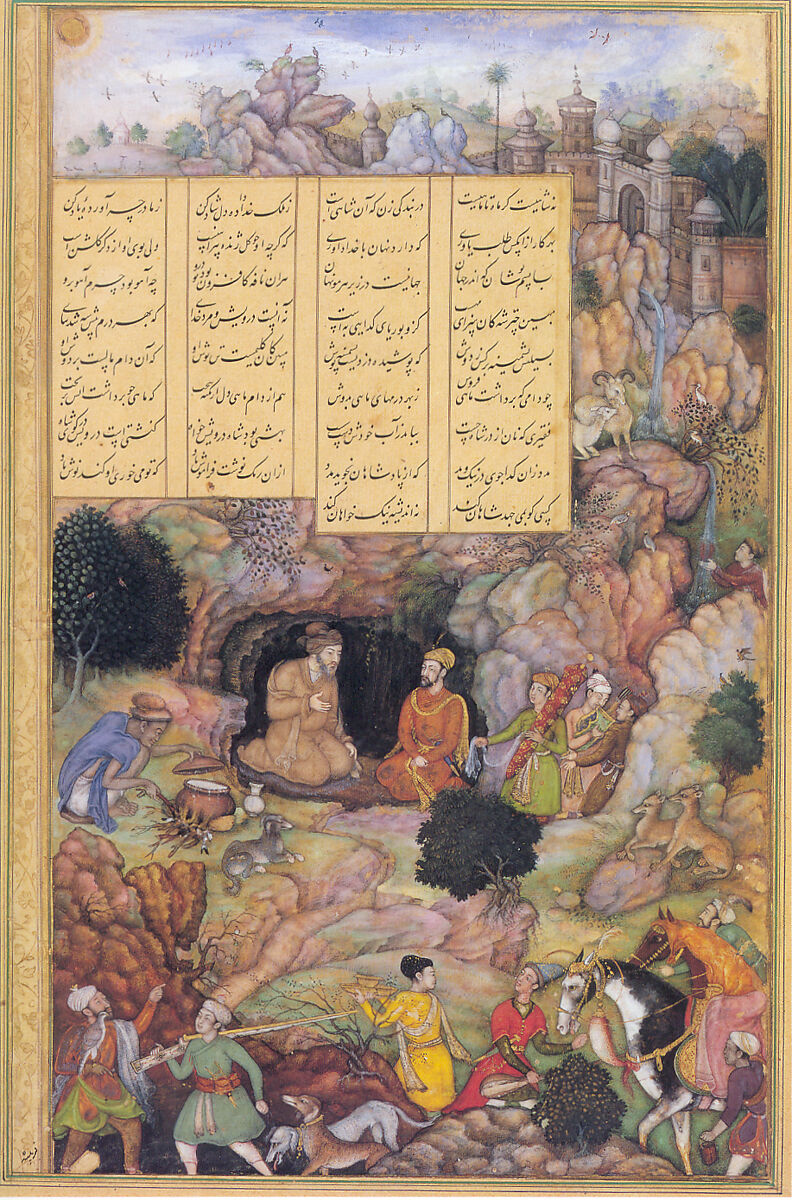 "Alexander Visits the Sage Plato in his Mountain Cave", Folio from a Khamsa (Quintet) of Amir Khusrau Dihlavi, Amir Khusrau Dihlavi (Indian, Patiyali, 1253–1325 Delhi), Main support: Ink, opaque watercolor, gold on paperg
Margins: Gold on dyed paper