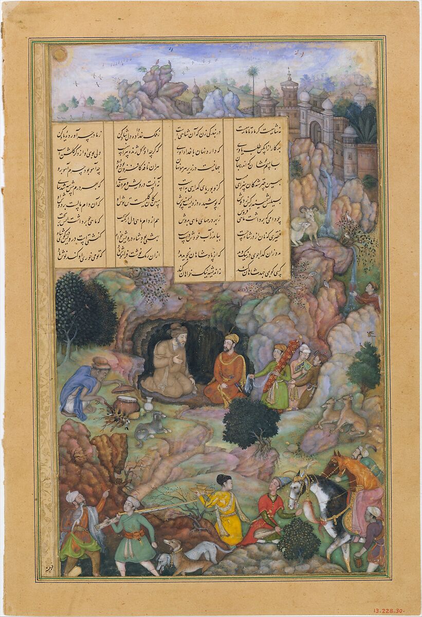 "Alexander Visits the Sage Plato in his Mountain Cave", Folio from a Khamsa (Quintet) of Amir Khusrau Dihlavi, Amir Khusrau Dihlavi (Indian, Patiyali, 1253–1325 Delhi), Main support: Ink, opaque watercolor, gold on paperg
Margins: Gold on dyed paper