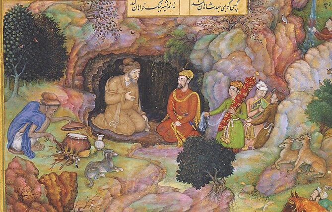 "Alexander Visits the Sage Plato in his Mountain Cave", Folio from a Khamsa (Quintet) of Amir Khusrau Dihlavi, Amir Khusrau Dihlavi (Indian, Patiyali, 1253–1325 Delhi), Main support: Ink, opaque watercolor, gold on paperg
Margins: Gold on dyed paper