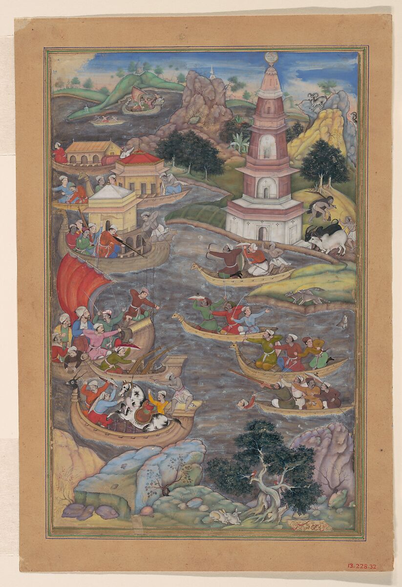 "Alexander Fights a Sea Battle", Folio from a Khamsa (Quintet) of Amir Khusrau Dihlavi, Amir Khusrau Dihlavi (Indian, Patiyali, 1253–1325 Delhi), Main support: Ink, opaque watercolor, gold on paper
Margins: Gold on dyed paper 